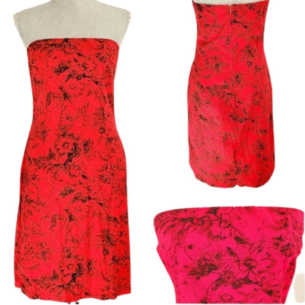 🖤VINTAGE 90s Peep Studio Rose Red Strapless Dress - Picture 6 of 9